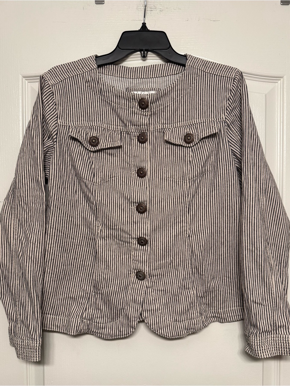 LAL Striped Jacket Women’s Large Navy Cream Cotton Stretch Button Front